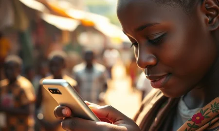 A person in an African market engages with an ultra-low-cost smartphone, highlighting the GSMA's push for $40 devices.