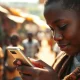 A person in an African market engages with an ultra-low-cost smartphone, highlighting the GSMA's push for $40 devices.