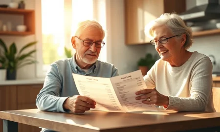 A retired couple reviews a dividend income statement, representing a $500K portfolio strategy for retirement.