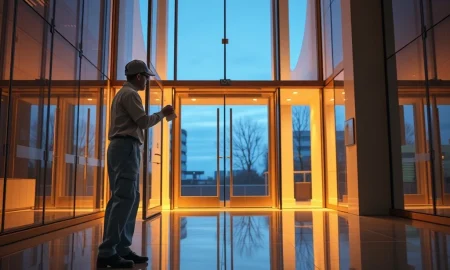 ABM Industries commercial cleaning services professional at work in office building lobby