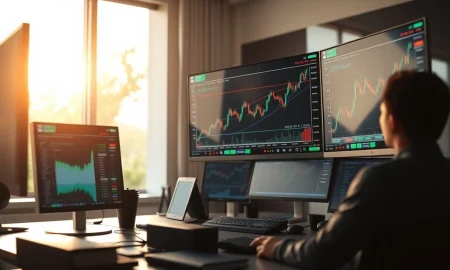 Financial trading desk with monitors showing stock market data and charts.