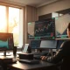 Financial trading desk with monitors showing stock market data and charts.