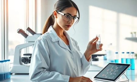 ADC Therapeutics laboratory research scientist examining pharmaceutical development samples