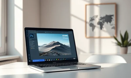 Adobe Photoshop AI assistant interface for natural language image editing on a laptop screen.