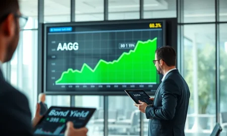 Financial trading floor display showing positive inflow data for the iShares Core U.S. Aggregate Bond ETF (AGG).
