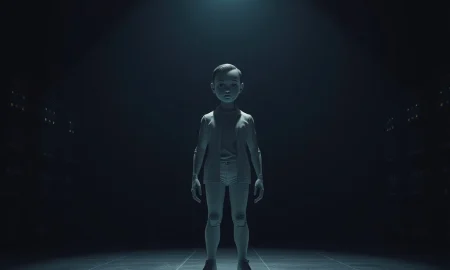 AI actor Tilly Norwood, a hyper-realistic digital figure, stands on a stage representing the controversy over AI-generated entertainment.