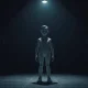 AI actor Tilly Norwood, a hyper-realistic digital figure, stands on a stage representing the controversy over AI-generated entertainment.