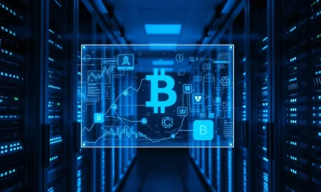 AI agents processing cryptocurrency transactions through blockchain infrastructure and server networks