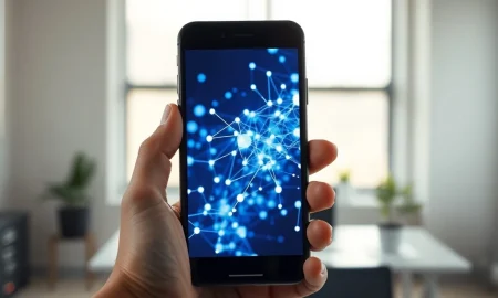 Smartphone displaying AI neural network visualization representing 2026 data on AI app retention and churn.
