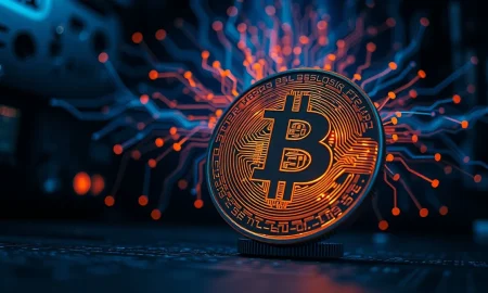 AI neural network overlaid on a Bitcoin coin, representing technological convergence.