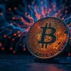 AI neural network overlaid on a Bitcoin coin, representing technological convergence.