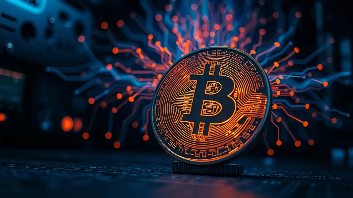 AI neural network overlaid on a Bitcoin coin, representing technological convergence.