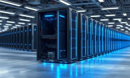 AI infrastructure data center server rack with liquid cooling representing top AI stocks March 2026