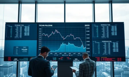Financial analysts monitoring AI stock performance divergence on trading floor data visualization screens during 2026 market volatility