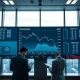 Financial analysts monitoring AI stock performance divergence on trading floor data visualization screens during 2026 market volatility