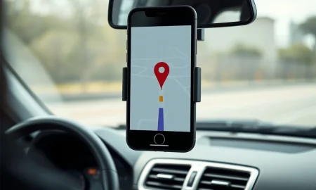 Smartphone on car dashboard showing GPS map in Allstate privacy lawsuit over driver tracking.