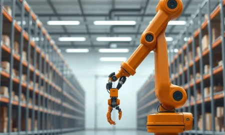 Amazon robotics unit job cuts as a deactivated industrial robot arm symbolizes strategic pause.