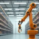 Amazon robotics unit job cuts as a deactivated industrial robot arm symbolizes strategic pause.