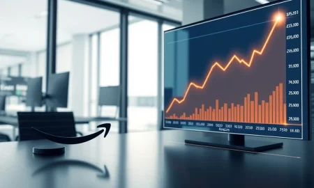 Amazon logo with financial data chart analyzing the company's premium P/E ratio and 2026 stock valuation.