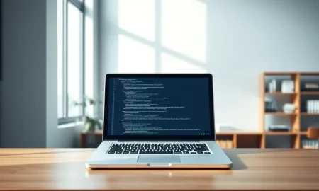 Anthropic's new AI Code Review tool analyzing code on a developer's laptop screen in a professional office setting.