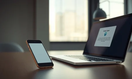 Apple iPhone and MacBook showing a software update notification for a security patch.
