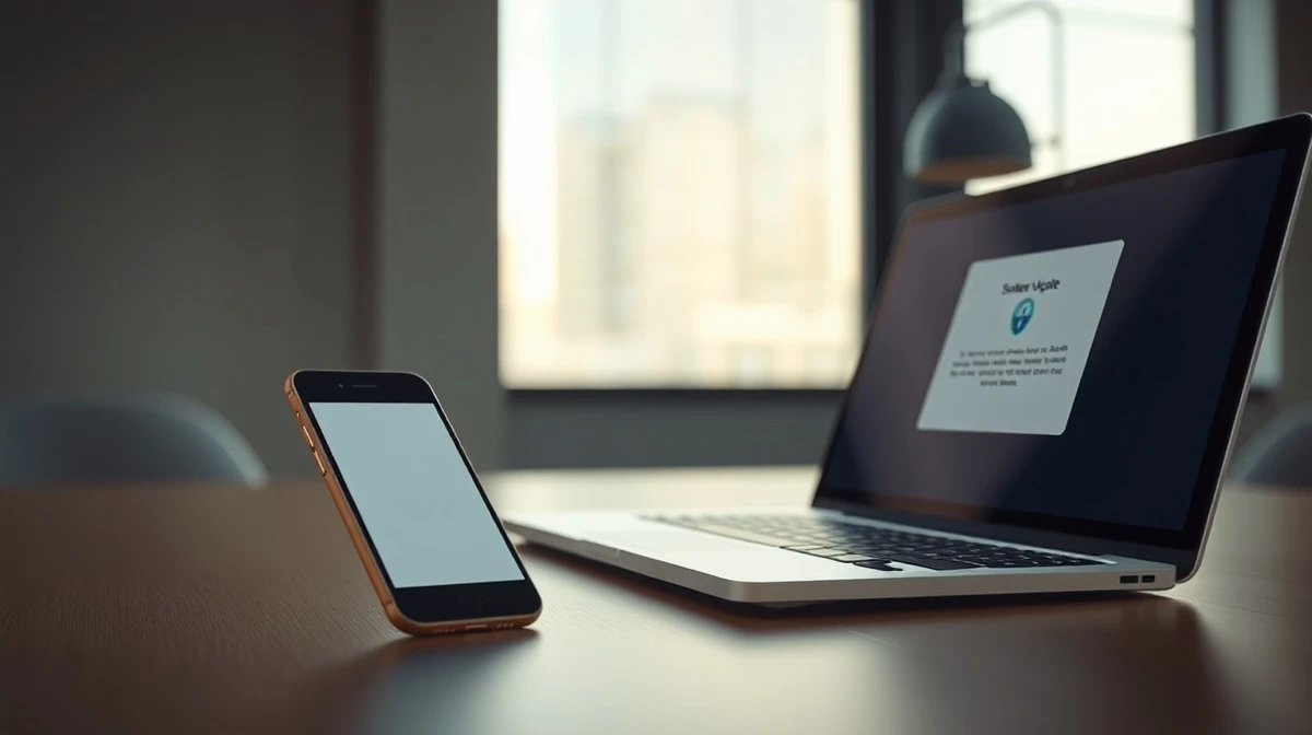Apple iPhone and MacBook showing a software update notification for a security patch.