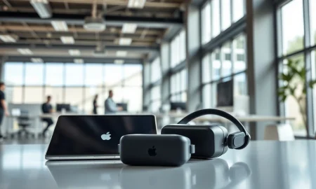 Apple MacBook and iPad in modern corporate office setting representing business technology expansion.