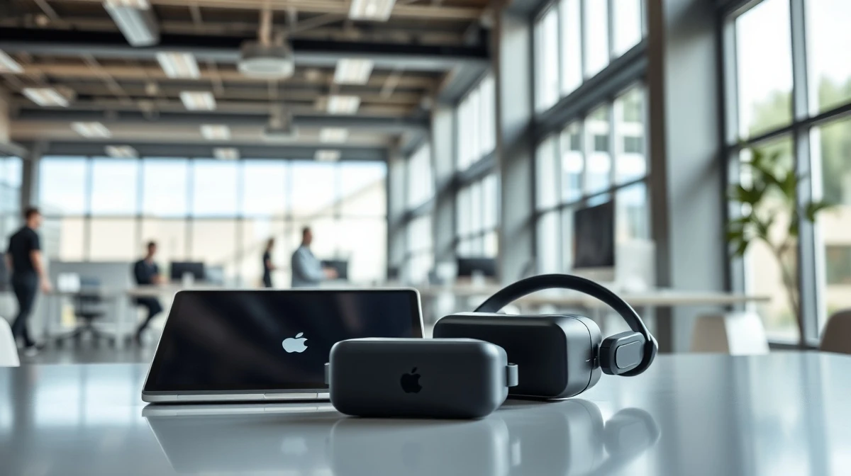 Apple MacBook and iPad in modern corporate office setting representing business technology expansion.