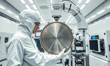 Technician inspecting a silicon wafer in a semiconductor fab, representing Applied Materials' core business and 973% stock gain.