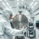Technician inspecting a silicon wafer in a semiconductor fab, representing Applied Materials' core business and 973% stock gain.