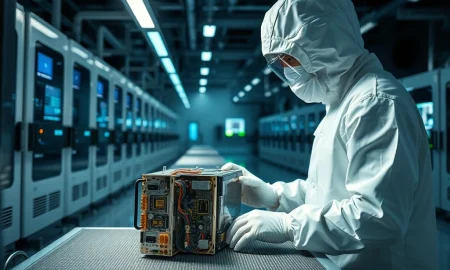 Technician inspecting an Applied Optoelectronics transceiver module in a semiconductor cleanroom, representing manufacturing execution.