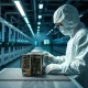 Technician inspecting an Applied Optoelectronics transceiver module in a semiconductor cleanroom, representing manufacturing execution.