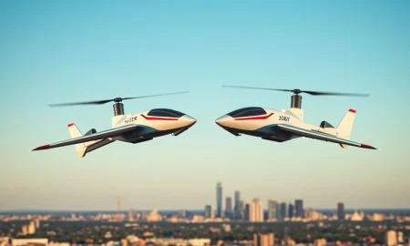 Archer Aviation and Joby Aviation eVTOL aircraft in opposing formation representing legal battle over Chinese manufacturing ties.