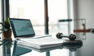 Legal documents on a desk with a fintech office in the background, representing Kalshi criminal charges.
