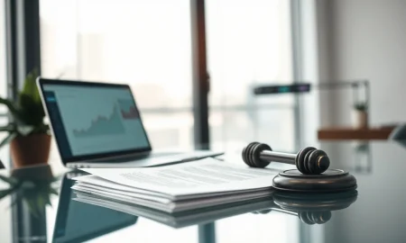 Legal documents on a desk with a fintech office in the background, representing Kalshi criminal charges.