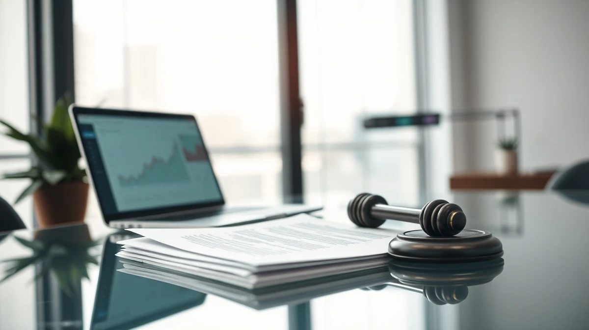 Legal documents on a desk with a fintech office in the background, representing Kalshi criminal charges.