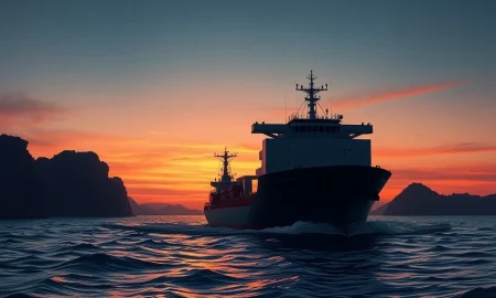 Cargo ship navigating the strategic Strait of Hormuz, illustrating Asia FX vulnerability to energy supply disruptions.