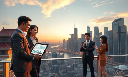 Professionals analyzing data against a modern Asian city skyline, representing HSBC's 2026 report on regional economic appeal.