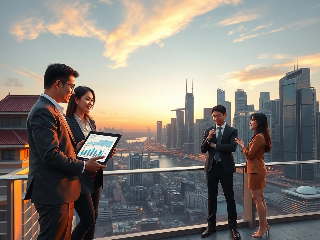 Professionals analyzing data against a modern Asian city skyline, representing HSBC's 2026 report on regional economic appeal.