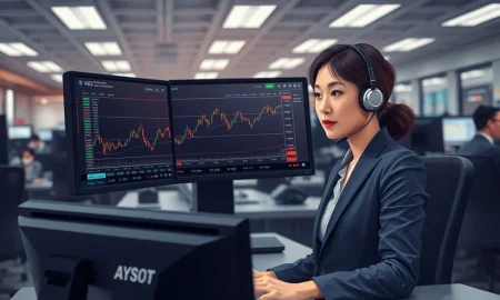 Trader analyzing AUD/JPY surge on Bloomberg Terminal after Bank of Japan policy signal.