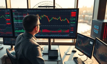Financial analyst examining Australian Dollar AUD/USD exchange rate charts in Sydney trading environment