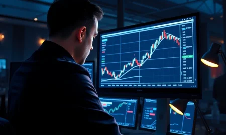 Financial analyst reviews AUD/USD bullish breakout forecast on trading screen.