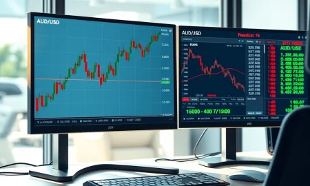 AUD/USD price forecast analysis showing the currency pair consolidating at the 20-day EMA on a trading desk chart.