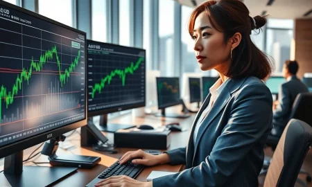 Forex trader analyzes AUD/USD rebound on trading desk monitors showing Australian dollar recovery against US dollar