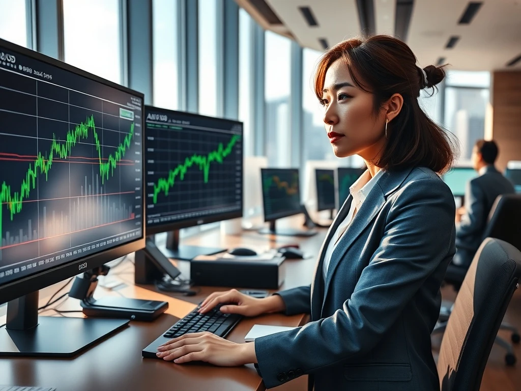 Forex trader analyzes AUD/USD rebound on trading desk monitors showing Australian dollar recovery against US dollar