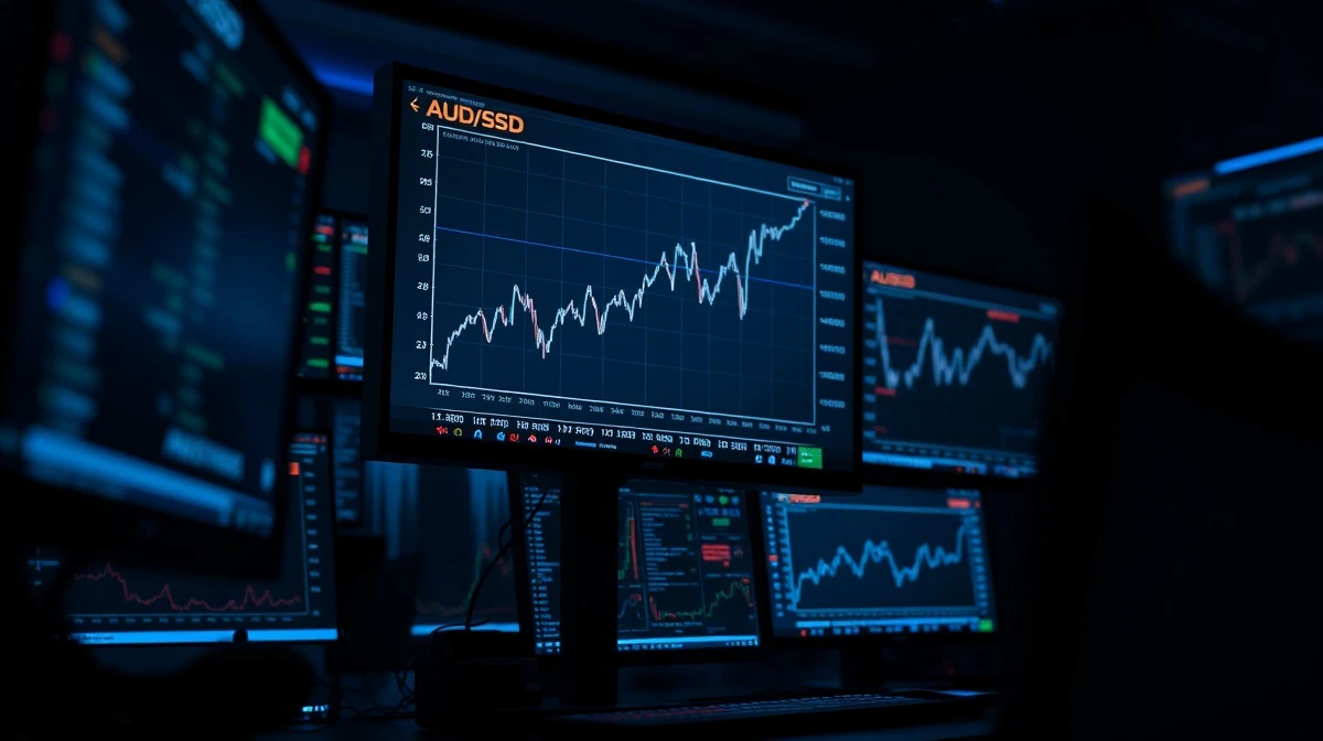 Financial trading desk monitor showing AUD/USD forex chart rebounding higher.