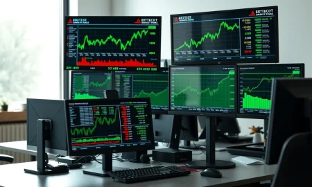 Financial trading desk with monitors showing stock market data and ETF ticker symbols.