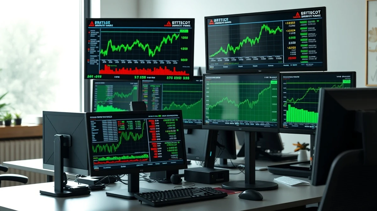 Financial trading desk with monitors showing stock market data and ETF ticker symbols.