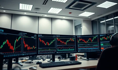 Trading desk monitors showing financial charts and stock options data.