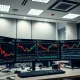 Trading desk monitors showing financial charts and stock options data.